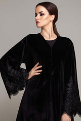 BLACK VELVET V- NECK FRENCH LACE OPEN ABAYA