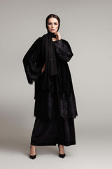 BLACK VELVET V- NECK FRENCH LACE OPEN ABAYA