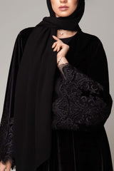 BLACK VELVET V- NECK FRENCH LACE OPEN ABAYA