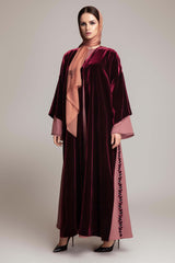 BURGUNDY VELVET & CREPE BISHT ABAYA