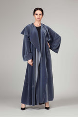 METALLIC BLUE VELVET SWAROVSKI PEARLS OPEN ABAYA.