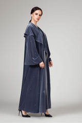 METALLIC BLUE VELVET SWAROVSKI PEARLS OPEN ABAYA.