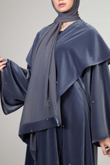 METALLIC BLUE VELVET SWAROVSKI PEARLS OPEN ABAYA.