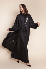 BLACK SWAROVSKI BROCH TEXTURED SOALON OPEN ABAYA