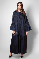 NAVY BLUE PLEATED CRYSTALIZED JACQUARD ABAYA.