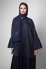 NAVY BLUE PLEATED CRYSTALIZED JACQUARD ABAYA.