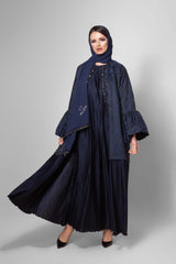 NAVY BLUE PLEATED CRYSTALIZED JACQUARD ABAYA.