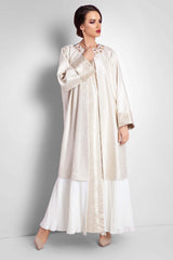 OFF WHITE KNITTED FABRIC CRYSTALS OPEN ABAYA.