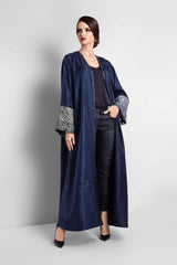 MONTANA BLUE HAND EMBROIDERED SEQUINS CREPE LINEN ABAYA