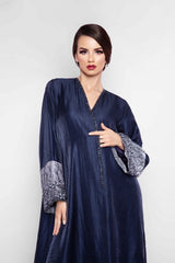 MONTANA BLUE HAND EMBROIDERED SEQUINS CREPE LINEN ABAYA