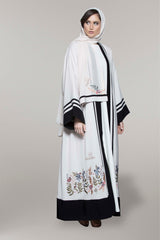BEIGE PASTEL FLORAL EMBROIDERED OPEN ABAYA.