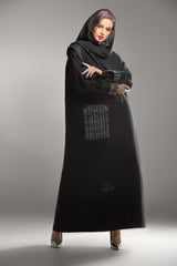 BLACK KNITTED FABRIC POCKET OPEN ABAYA.