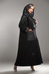 BLACK KNITTED FABRIC POCKET OPEN ABAYA.