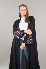 BLACK TRADITIONAL HAND EMBROIDERED CREPE OPEN ABAYA.
