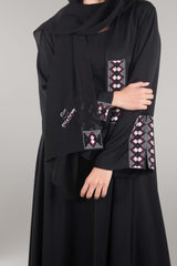 BLACK TRADITIONAL HAND EMBROIDERED CREPE OPEN ABAYA.