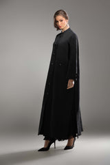 BLACK OPEN BUTTONED POCKET JACQUARD OPEN ABAYA.