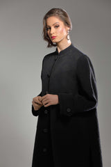 BLACK OPEN BUTTONED POCKET JACQUARD OPEN ABAYA.
