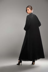 BLACK OPEN BUTTONED POCKET JACQUARD OPEN ABAYA.