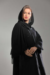 BLACK OPEN BUTTONED POCKET JACQUARD OPEN ABAYA.
