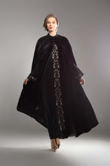 BLACK VELVET EMBROIDERED CAPE ABAYA