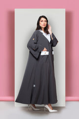 DARK GREY COLLARED POCKET CREPE OPEN ABAYA.