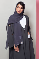 DARK GREY COLLARED POCKET CREPE OPEN ABAYA.