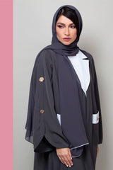 DARK GREY COLLARED POCKET CREPE OPEN ABAYA.