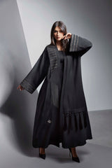BLACK FRENCH JACQUARD TASSEL OPEN ABAYA.