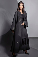 BLACK FRENCH JACQUARD TASSEL OPEN ABAYA.
