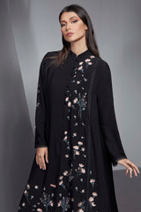 BLACK EMBROIDERED PASTEL FLORAL SALOAN ABAYA.