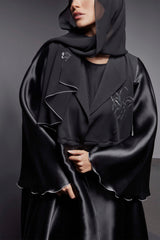 BLACK CRYSTALIZED ORGANZA COLLARED ABAYA.