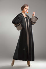 BLACK PATTERN EMBORIDERED JACQUARD OPEN ABAYA.