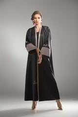 BLACK PATTERN EMBORIDERED JACQUARD OPEN ABAYA.