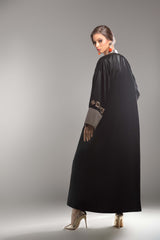 BLACK PATTERN EMBORIDERED JACQUARD OPEN ABAYA.