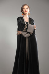 BLACK PATTERN EMBORIDERED JACQUARD OPEN ABAYA.