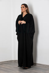 BLACK EMBROIDERED VELVET OPEN ABAYA.