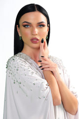 BEIGE CREPE CRYSTALIZED OPEN ABAYA.