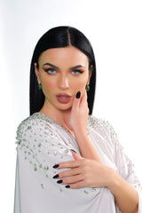 BEIGE CREPE CRYSTALIZED OPEN ABAYA.