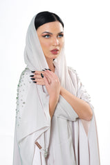 BEIGE CREPE CRYSTALIZED OPEN ABAYA.