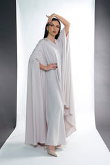 BEIGE CREPE CRYSTALIZED OPEN ABAYA.