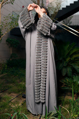 GREY EMBROIDERED CREPE BISHT OPEN ABAYA