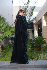OLIVE GREEN EMBROIDERED VELVET OPEN ABAYA