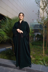 OLIVE GREEN EMBROIDERED VELVET OPEN ABAYA