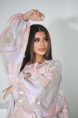 PINK FLORAL CRYSTALIZED SHANTOON OPEN ABAYA