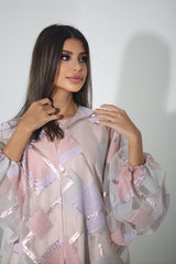 PINK FLORAL CRYSTALIZED SHANTOON OPEN ABAYA