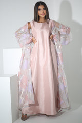PINK FLORAL CRYSTALIZED SHANTOON OPEN ABAYA