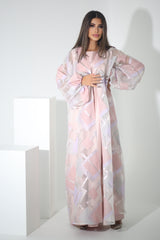 PINK FLORAL CRYSTALIZED SHANTOON OPEN ABAYA