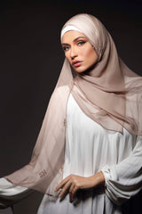 BEIGE CRYSTALIZED ROSEGOLD CHIFFON SCARVE.