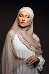 BEIGE CRYSTALIZED ROSEGOLD CHIFFON SCARVE.