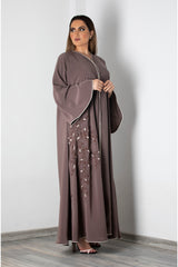BEIGE HAND EMBROIDERED BELL SLEEVE ABAYA.